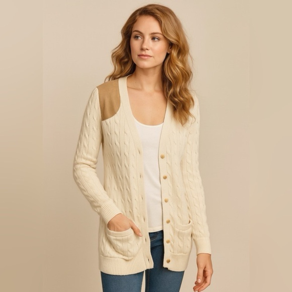VTG Ralph Lauren Cable-Knit fisherman Cardigan Shoulder patch Sweater Xl